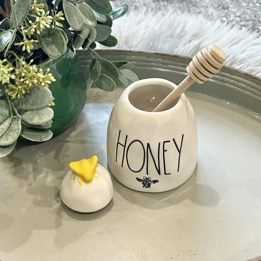 Rae Dunn HONEY Pot w Wooden Dipper Honey Jar Yellow Honey Bee Artisan Collection